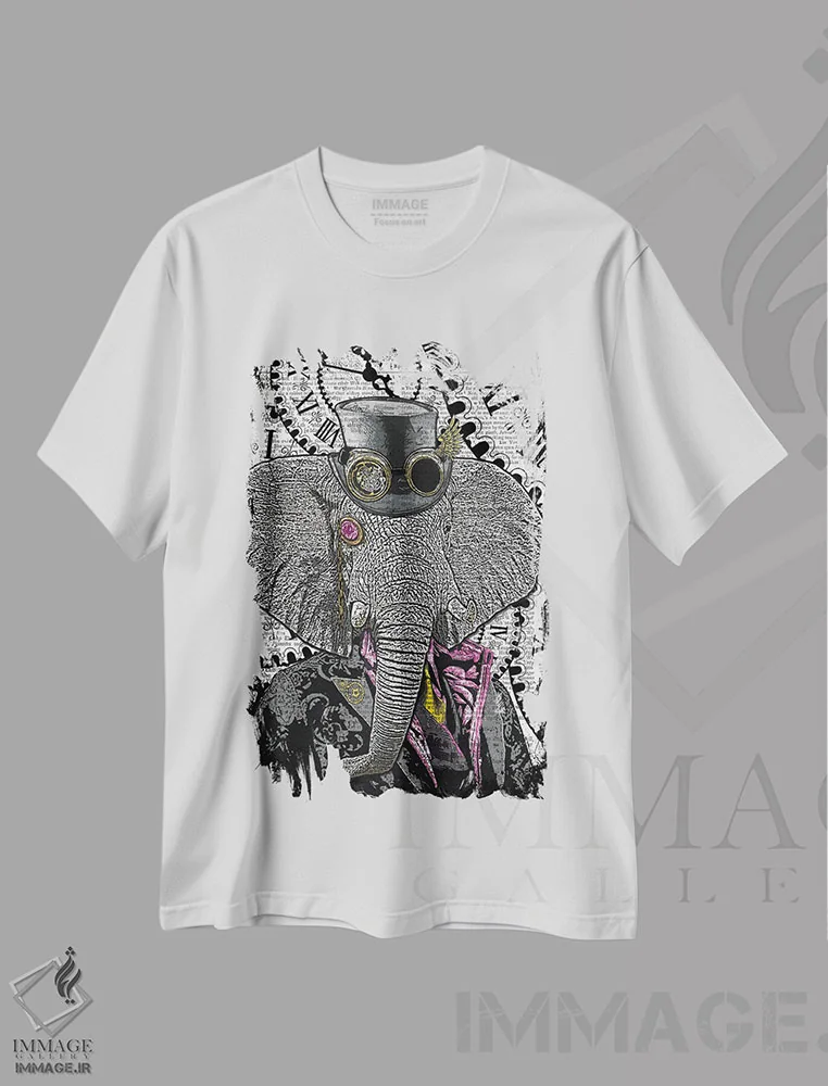 تیشرت سفید طرح دار فیل استیم پانک، دکوراسیون جایگزین اثر این د فریم شاپ | immage.ir