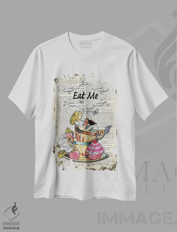 تیشرت سفید طرح دار آلیس در سرزمین عجایب "مرا بخور"، هنر دیجیتال اثر این د فریم شاپ | فروشگاه ایماژ
