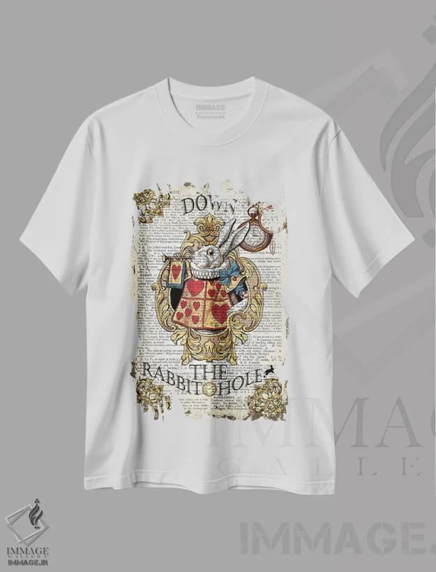 تیشرت سفید طرح دار آلیس در سرزمین عجایب "پایین سوراخ خرگوش"، هنر دیجیتال اثر این د فریم شاپ | فروشگاه ایماژ