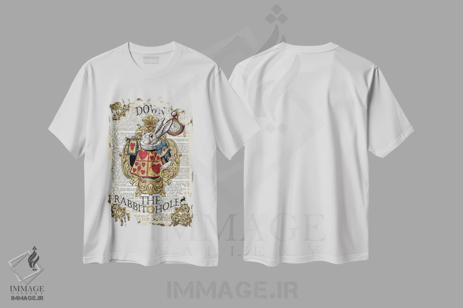 تیشرت سفید طرح دار آلیس در سرزمین عجایب "پایین سوراخ خرگوش"، هنر دیجیتال اثر این د فریم شاپ | فروشگاه ایماژ