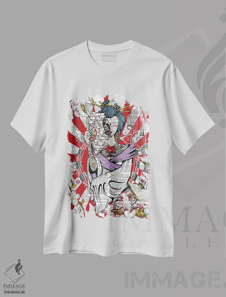 تیشرت سفید طرح دار گیشای خالکوبی شده، دکوراسیون جایگزین اثر این د فریم شاپ | فروشگاه ایماژ