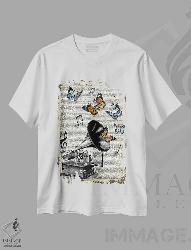 تیشرت سفید طرح دار گرامافون گوتیک، دکوراسیون جایگزین اثر این د فریم شاپ | فروشگاه ایماژ