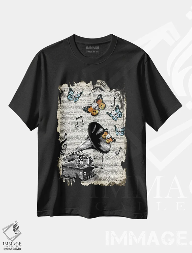 تیشرت مشکی طرح دار گرامافون گوتیک، دکوراسیون جایگزین اثر این د فریم شاپ | immage.ir