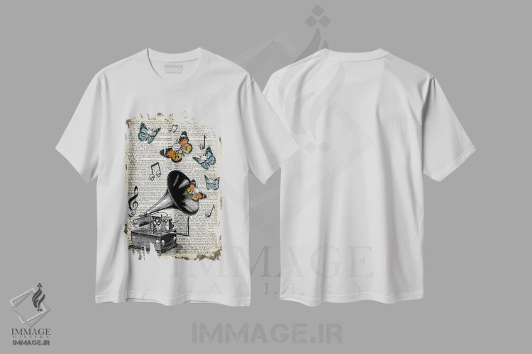 تیشرت سفید طرح دار گرامافون گوتیک، دکوراسیون جایگزین اثر این د فریم شاپ | فروشگاه ایماژ