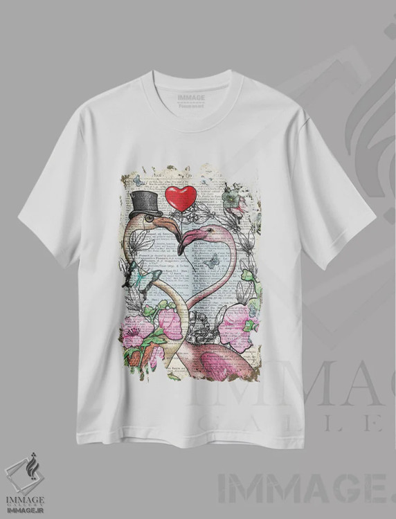 تیشرت سفید طرح دار فلامینگوهای عاشق، هنر دیجیتال اثر این د فریم شاپ | فروشگاه ایماژ