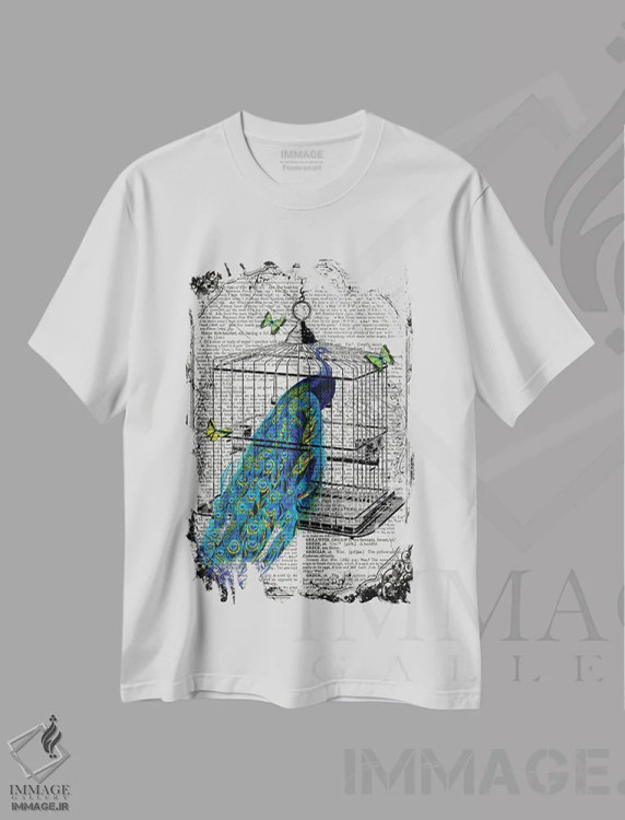 تیشرت سفید طرح دار یک طاووس در قفس پرنده، دکوراسیون جایگزین اثر این د فریم شاپ | immage.ir
