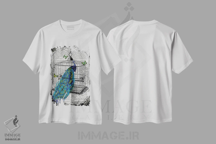 تیشرت سفید طرح دار یک طاووس در قفس پرنده، دکوراسیون جایگزین اثر این د فریم شاپ | immage.ir
