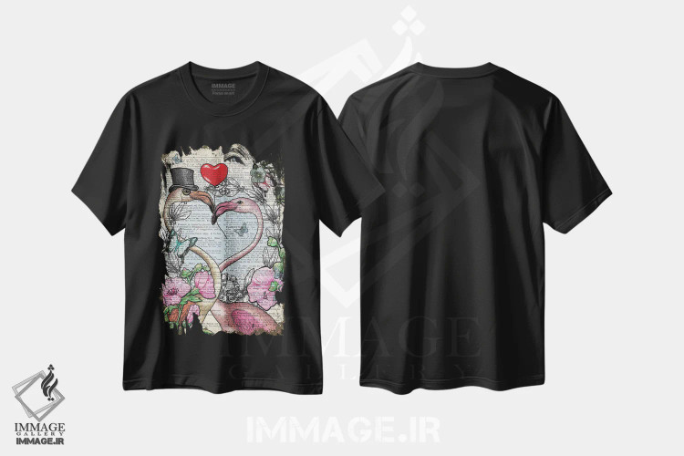 تیشرت مشکی طرح دار فلامینگوهای عاشق، هنر دیجیتال اثر این د فریم شاپ | immage.ir