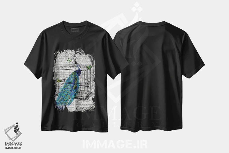 تیشرت مشکی طرح دار یک طاووس در قفس پرنده، دکوراسیون جایگزین اثر این د فریم شاپ | فروشگاه ایماژ