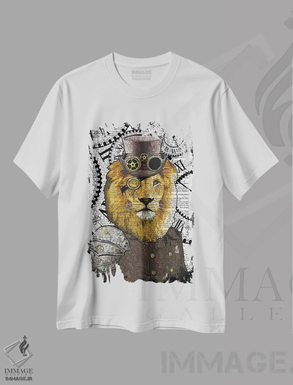 تیشرت سفید طرح دار شیر استیم پانک، دکوراسیون جایگزین اثر این د فریم شاپ | فروشگاه ایماژ