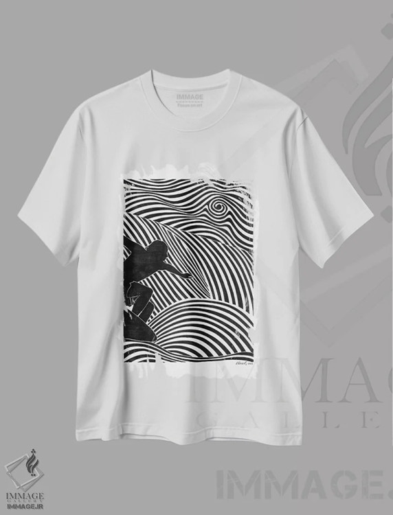 تیشرت سفید طرح دار مردان موج سوار III، دکور ساحلی اثر ابراهیم اونال | immage.ir