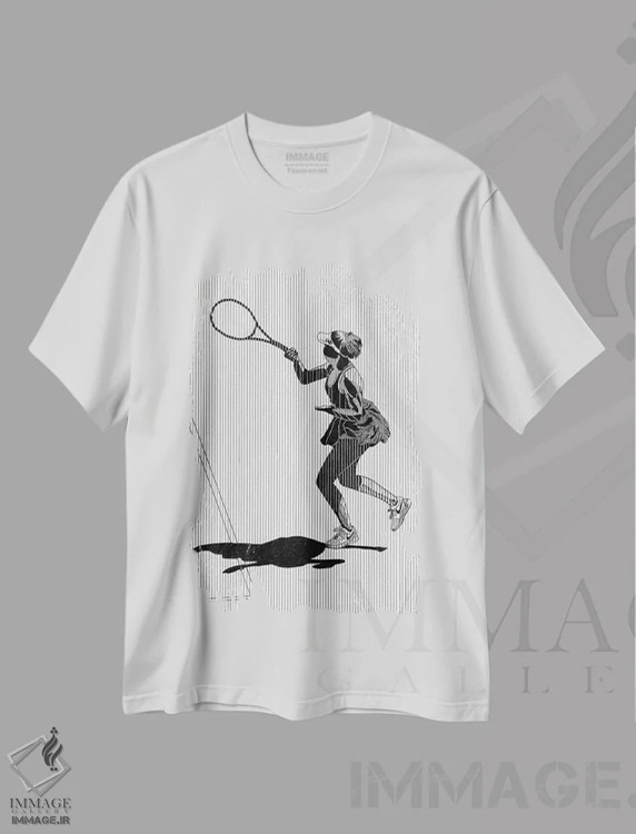 تیشرت سفید طرح دار بازی تنیس، نقاشی و تصویرگری سیاه و سفید اثر ابراهیم اونال | فروشگاه ایماژ
