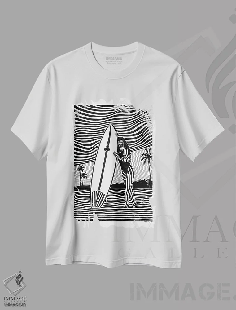 تیشرت سفید طرح دار به سوی غروب، دکور ساحلی اثر ابراهیم اونال | فروشگاه ایماژ