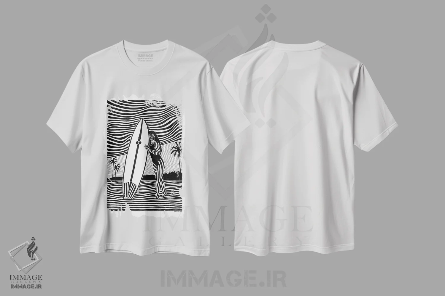 تیشرت سفید طرح دار به سوی غروب، دکور ساحلی اثر ابراهیم اونال | فروشگاه ایماژ