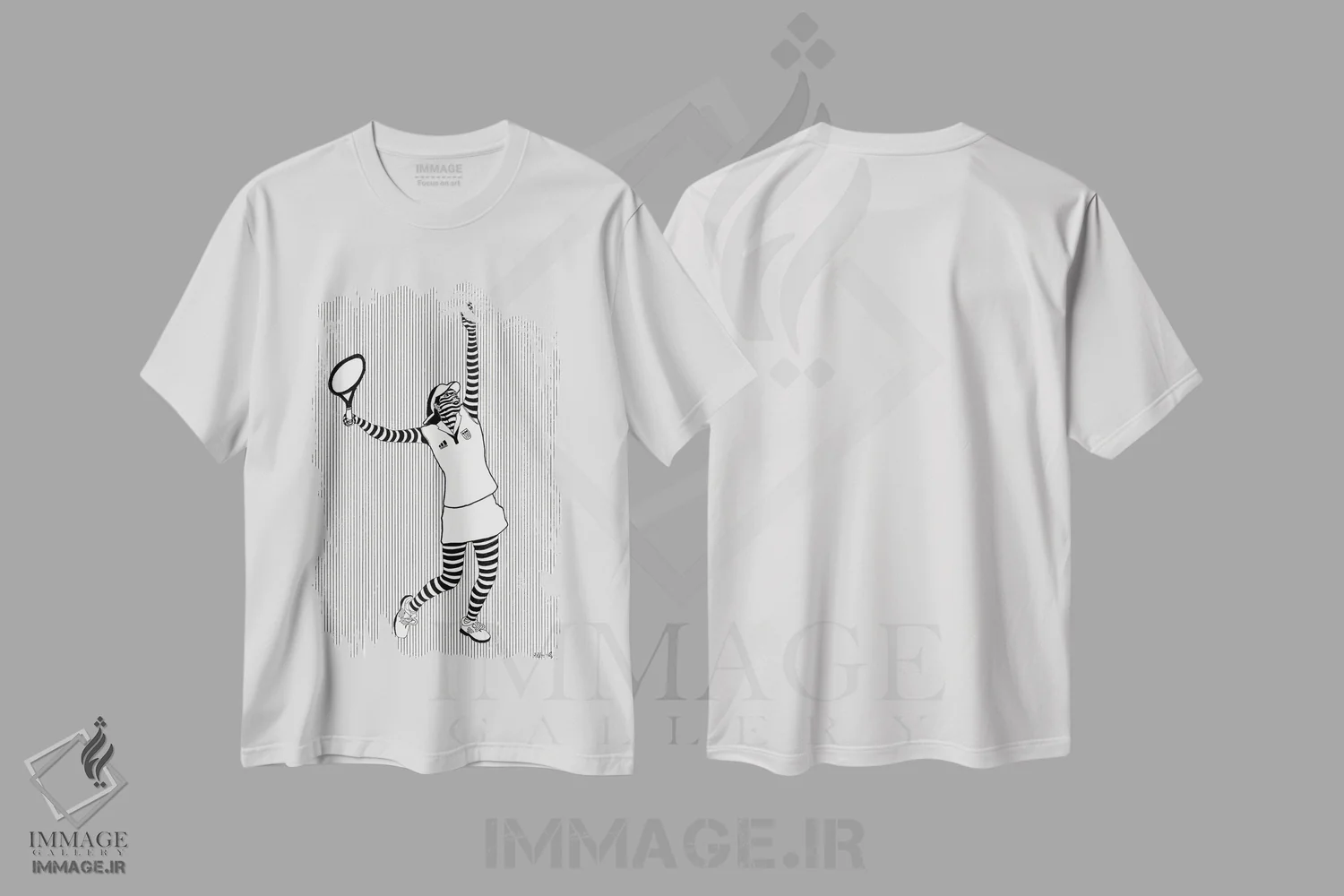 تیشرت سفید طرح دار ضربه سرو دو، نقاشی و تصویرگری سیاه و سفید اثر ابراهیم اونال | فروشگاه ایماژ
