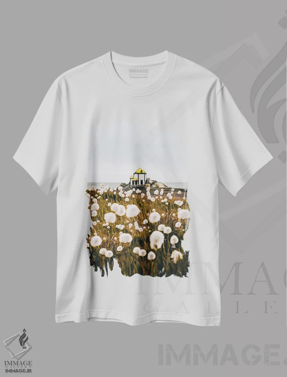 تیشرت سفید طرح دار دشت قاصدک، هنر دیجیتال اثر ایوجنیا بیدیوک | immage.ir