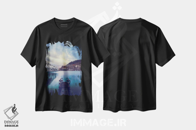 تیشرت مشکی طرح دار اسکله کوچک دریاچه کوهستانی، هنر دیجیتال اثر ایوجنیا بیدیوک | immage.ir