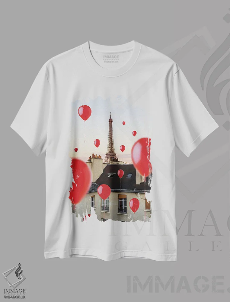 تیشرت سفید طرح دار بادکنک های قرمز بر فراز پاریس، تزئینی اثر ایوجنیا بیدیوک | فروشگاه ایماژ