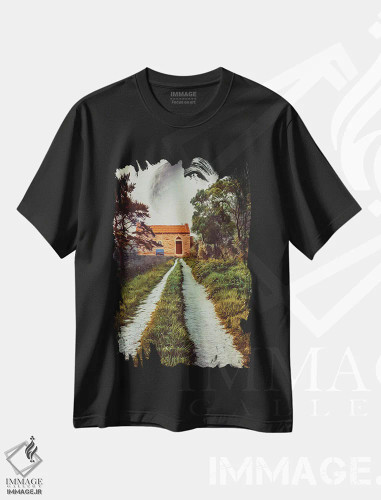 تیشرت مشکی طرح دار جاده به سوی خانه سنگی، هنر دیجیتال اثر ایوجنیا بیدیوک | فروشگاه ایماژ