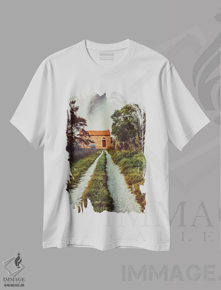 تیشرت سفید طرح دار جاده به سوی خانه سنگی، هنر دیجیتال اثر ایوجنیا بیدیوک | immage.ir
