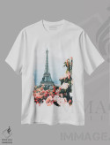 تیشرت سفید طرح دار رزها و آزالیای شکوفا در پاریس، تزئینی اثر ایوجنیا بیدیوک | فروشگاه ایماژ