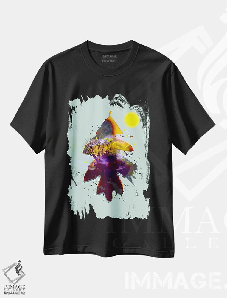 تیشرت مشکی طرح دار منظرهٔ抽شده بر پس زمینهٔ برگ بلوط، آبستره اثر ایوجنیا بیدیوک | فروشگاه ایماژ