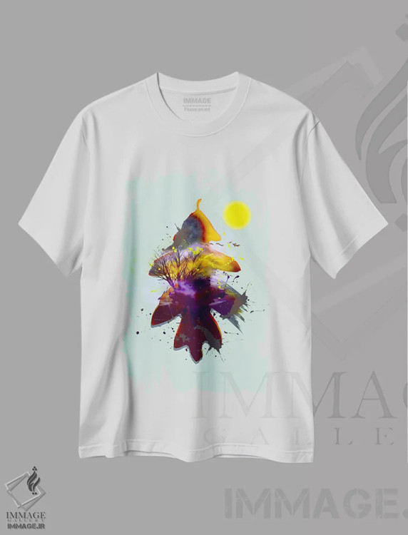 تیشرت سفید طرح دار منظرهٔ抽شده بر پس زمینهٔ برگ بلوط، آبستره اثر ایوجنیا بیدیوک | immage.ir