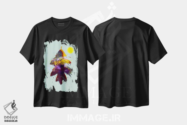 تیشرت مشکی طرح دار منظرهٔ抽شده بر پس زمینهٔ برگ بلوط، آبستره اثر ایوجنیا بیدیوک | فروشگاه ایماژ