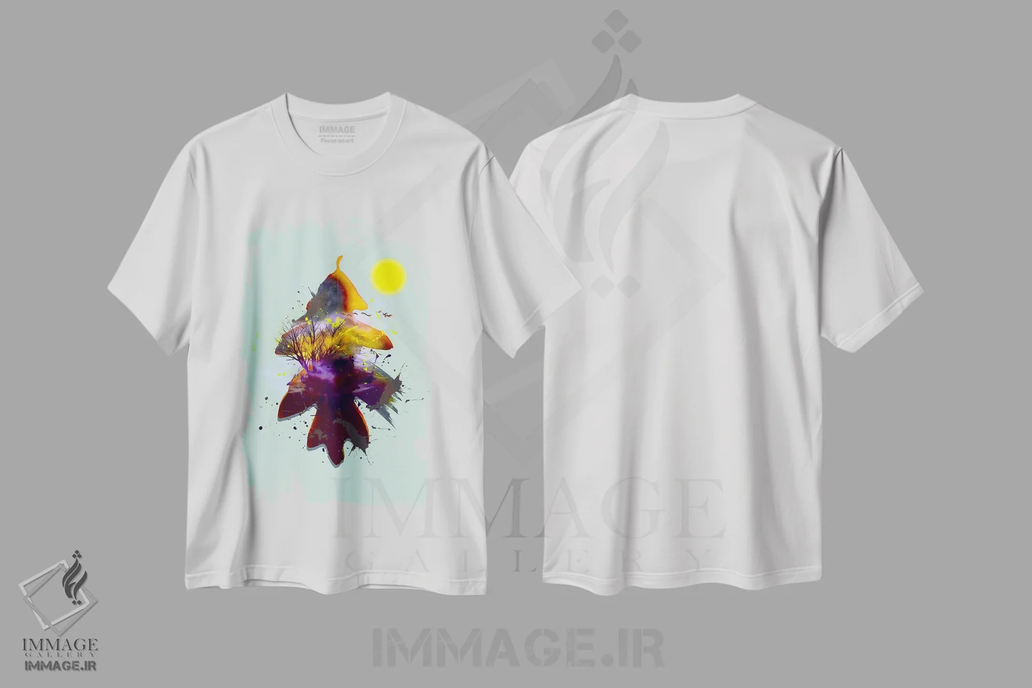 تیشرت سفید طرح دار منظرهٔ抽شده بر پس زمینهٔ برگ بلوط، آبستره اثر ایوجنیا بیدیوک | immage.ir