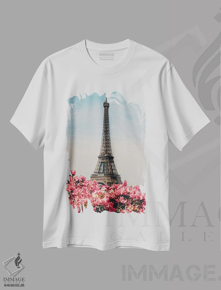 تیشرت سفید طرح دار رودودندرون شکوفا بر پس زمینهٔ پاریس، تزئینی اثر ایوجنیا بیدیوک | فروشگاه ایماژ