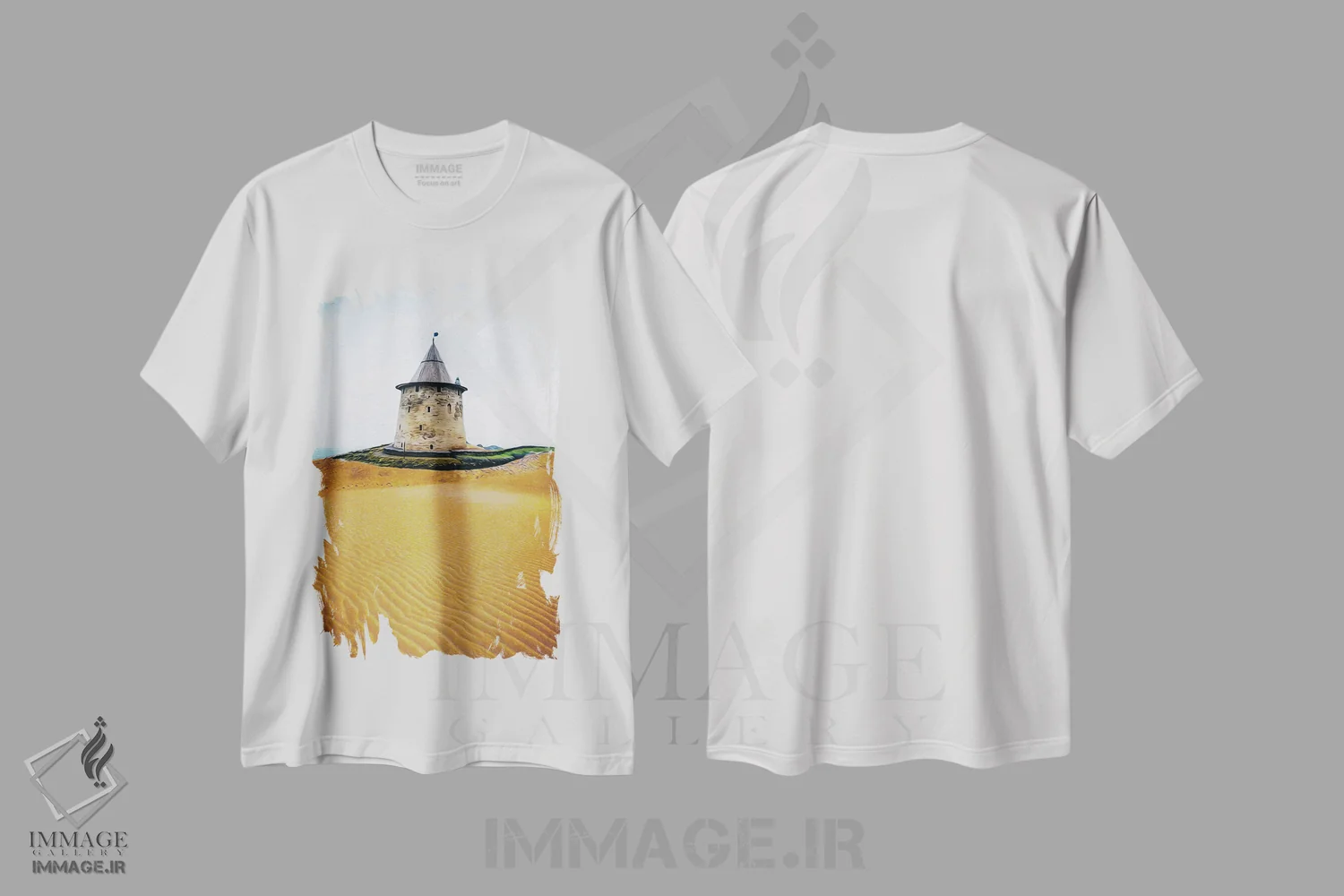 تیشرت سفید طرح دار برج قلعه در بیابان، هنر دیجیتال اثر ایوجنیا بیدیوک | immage.ir