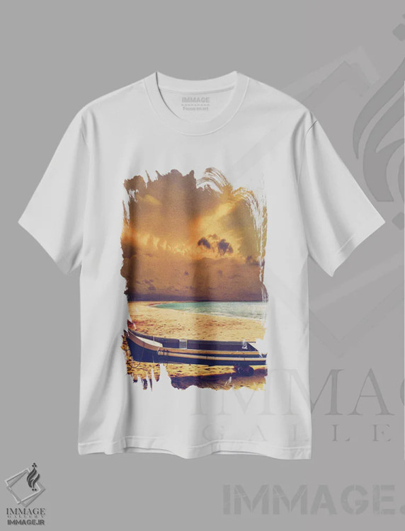 تیشرت سفید طرح دار قایق کانو در ساحل پیش از طوفان، هنر دیجیتال اثر ایوجنیا بیدیوک | immage.ir