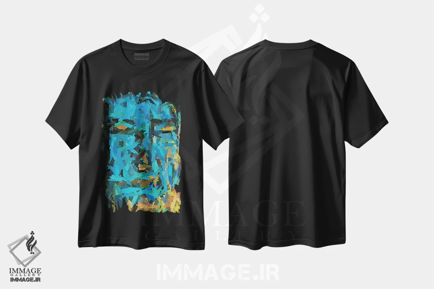 تیشرت مشکی طرح دار انتزاعی از یک چهره انسانی در رنگ های زرد و آبی، آبستره اثر ایوجنیا بیدیوک | فروشگاه ایماژ