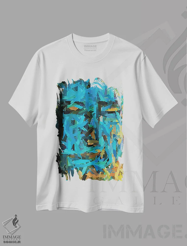 تیشرت سفید طرح دار انتزاعی از یک چهره انسانی در رنگ های زرد و آبی، آبستره اثر ایوجنیا بیدیوک | immage.ir