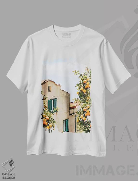 تیشرت سفید طرح دار شاخه هایی با نارنگی های رسیده، هنر دیجیتال اثر ایوجنیا بیدیوک | فروشگاه ایماژ