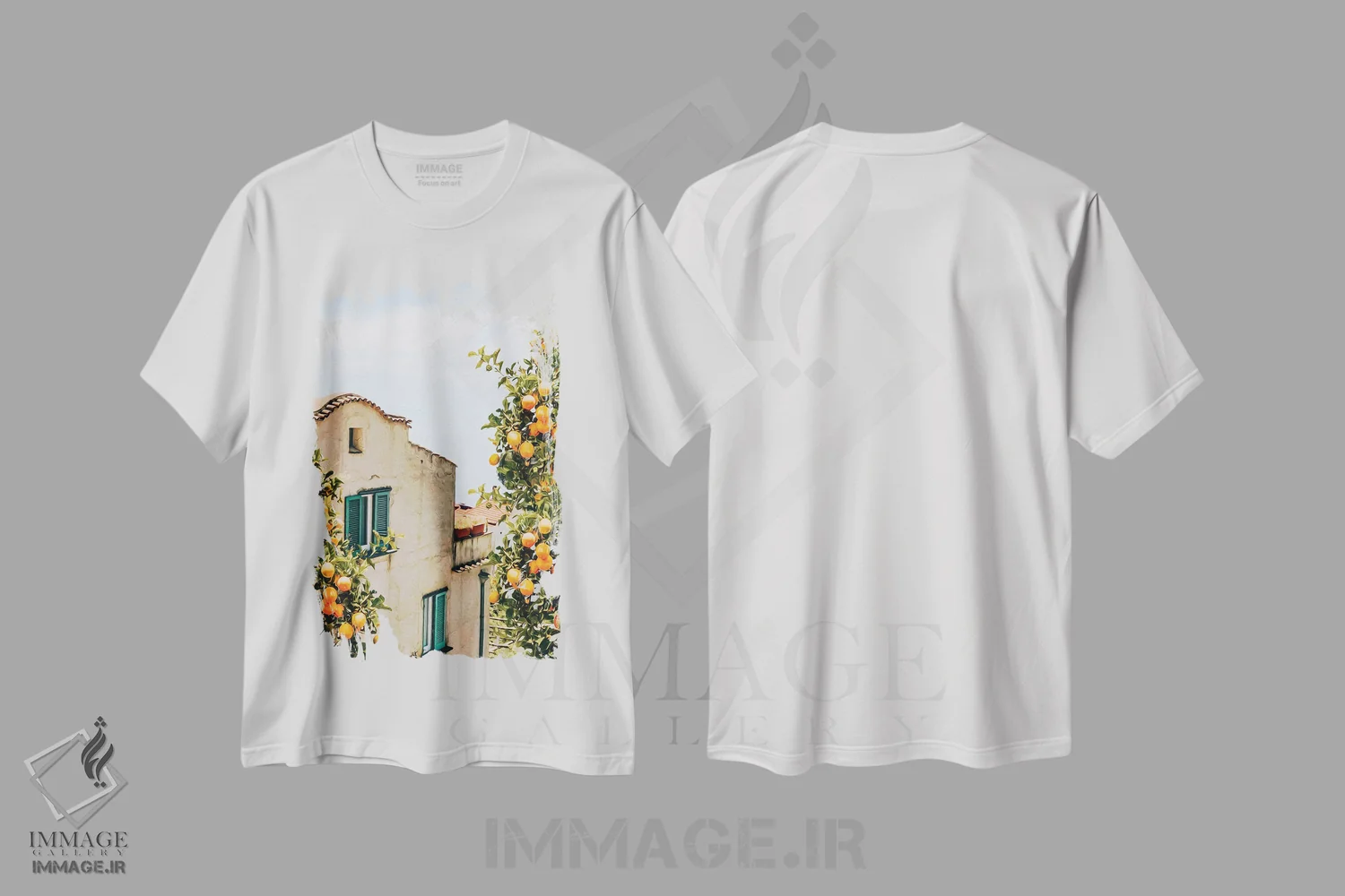 تیشرت سفید طرح دار شاخه هایی با نارنگی های رسیده، هنر دیجیتال اثر ایوجنیا بیدیوک | فروشگاه ایماژ