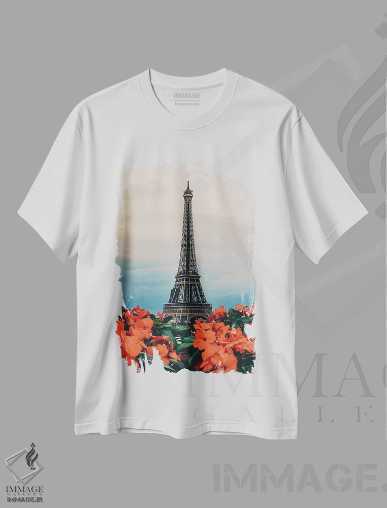 تیشرت سفید طرح دار بگونیا نارنجی پاریس، تزئینی اثر ایوجنیا بیدیوک | فروشگاه ایماژ