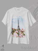 تیشرت سفید طرح دار آزالیای صورتی شکوفه دار پاریس، تزئینی اثر ایوجنیا بیدیوک | immage.ir