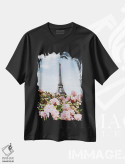 تیشرت مشکی طرح دار آزالیای صورتی شکوفه دار پاریس، تزئینی اثر ایوجنیا بیدیوک | فروشگاه ایماژ