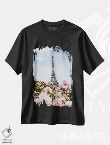 تیشرت مشکی طرح دار آزالیای صورتی شکوفه دار پاریس، تزئینی اثر ایوجنیا بیدیوک | فروشگاه ایماژ