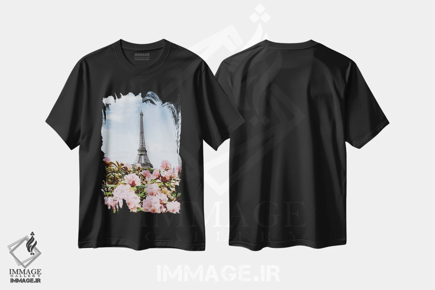 تیشرت مشکی طرح دار آزالیای صورتی شکوفه دار پاریس، تزئینی اثر ایوجنیا بیدیوک | فروشگاه ایماژ
