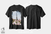 تیشرت مشکی طرح دار آزالیای صورتی شکوفه دار پاریس، تزئینی اثر ایوجنیا بیدیوک | فروشگاه ایماژ