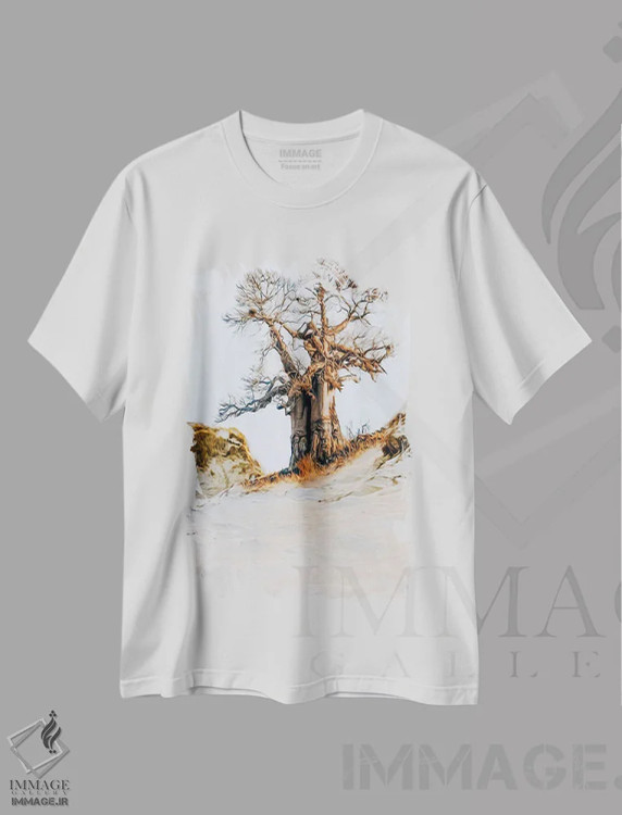 تیشرت سفید طرح دار درخت بائوباب در بیابان، هنر دیجیتال اثر ایوجنیا بیدیوک | immage.ir