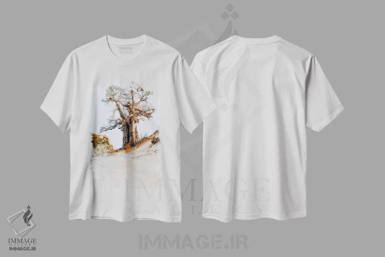 تیشرت سفید طرح دار درخت بائوباب در بیابان، هنر دیجیتال اثر ایوجنیا بیدیوک | immage.ir