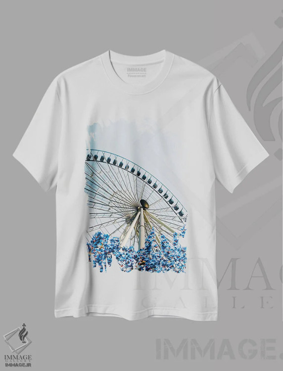 تیشرت سفید طرح دار اسطوخودوس شکوفه دار با پس زمینه چرخ و فلک، هنر دیجیتال اثر ایوجنیا بیدیوک | immage.ir