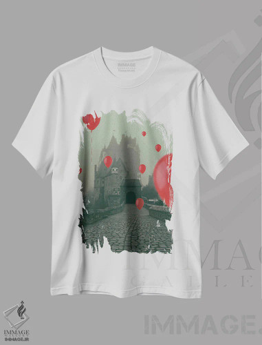 تیشرت سفید طرح دار بالون های قرمز در حال پرواز بر فراز قلعه باستانی، مدیوم اثر ایوجنیا بیدیوک | فروشگاه ایماژ