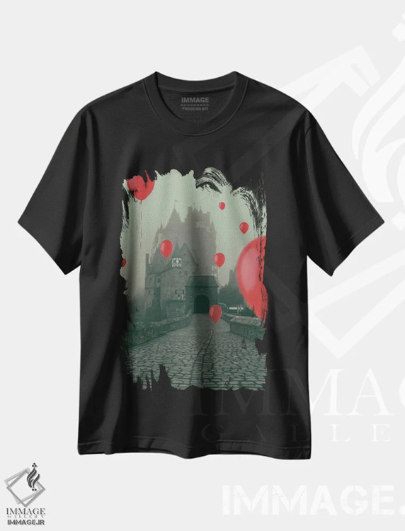 تیشرت مشکی طرح دار بالون های قرمز در حال پرواز بر فراز قلعه باستانی، مدیوم اثر ایوجنیا بیدیوک | immage.ir
