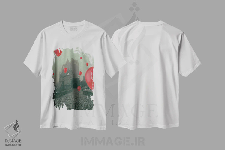 تیشرت سفید طرح دار بالون های قرمز در حال پرواز بر فراز قلعه باستانی، مدیوم اثر ایوجنیا بیدیوک | فروشگاه ایماژ