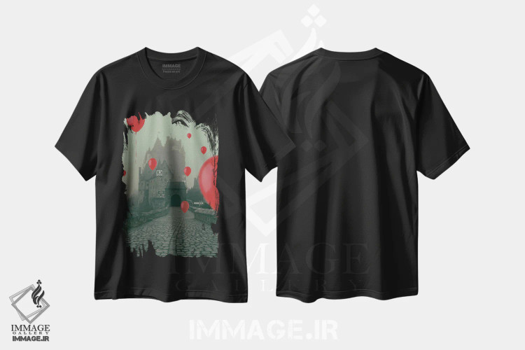 تیشرت مشکی طرح دار بالون های قرمز در حال پرواز بر فراز قلعه باستانی، مدیوم اثر ایوجنیا بیدیوک | immage.ir