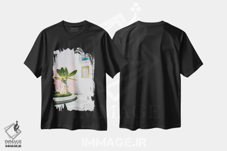تیشرت مشکی طرح دار کاکتوس بزرگ بیرون یک خانه قدیمی، مدیوم اثر ایوجنیا بیدیوک | immage.ir